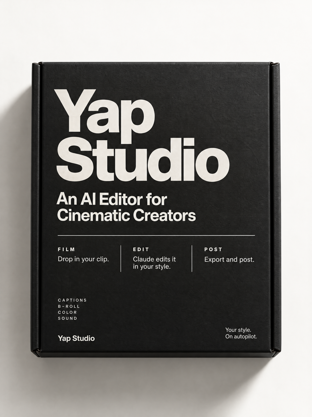 A black rectangular product box with large white text reading 'Yap Studio' and smaller text 'An AI Editor for Cinematic Creators' on a light gray background.